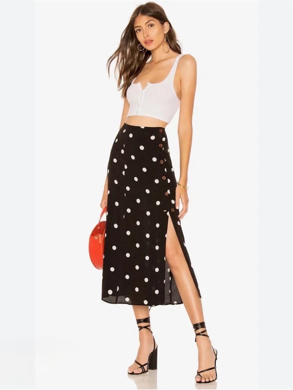 Free People Black White Polka Dot Retro Love Button Down Midi Skirt Size 8